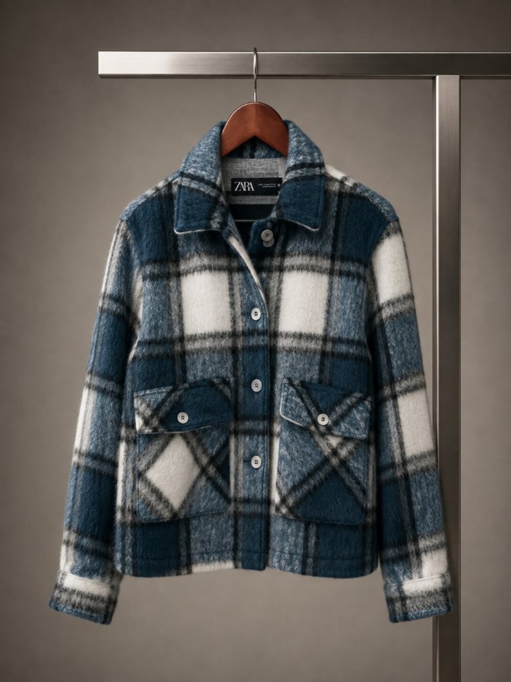 Zara Brushed Plaid Cropped Shacket Blue Teal Ivory Check Snap XS